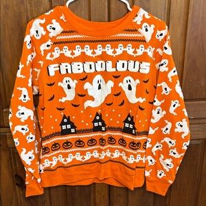 Juniors Orange Halloween Faboolous Ghost Haunted House Graphic Sweatshirt Size L